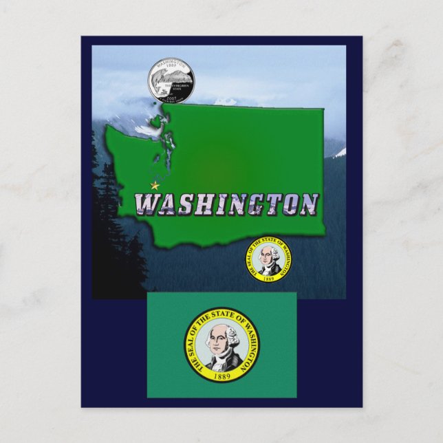 Washington State Map Faux Quarter, Seal, Mountains Postcard (Front)