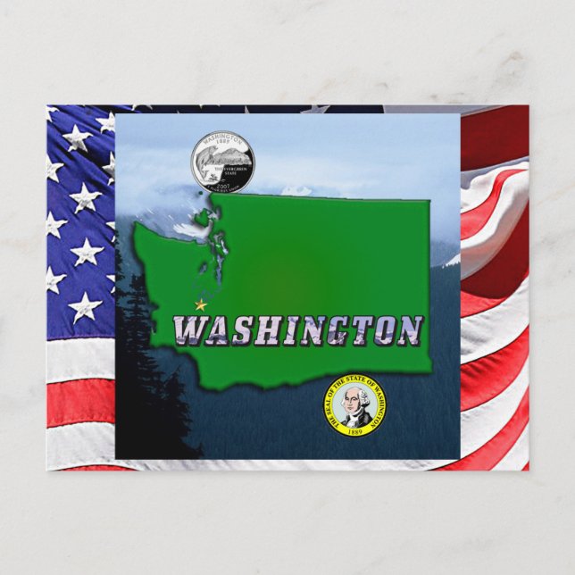 Washington State Map Faux Quarter, Seal, Mountains Postcard (Front)