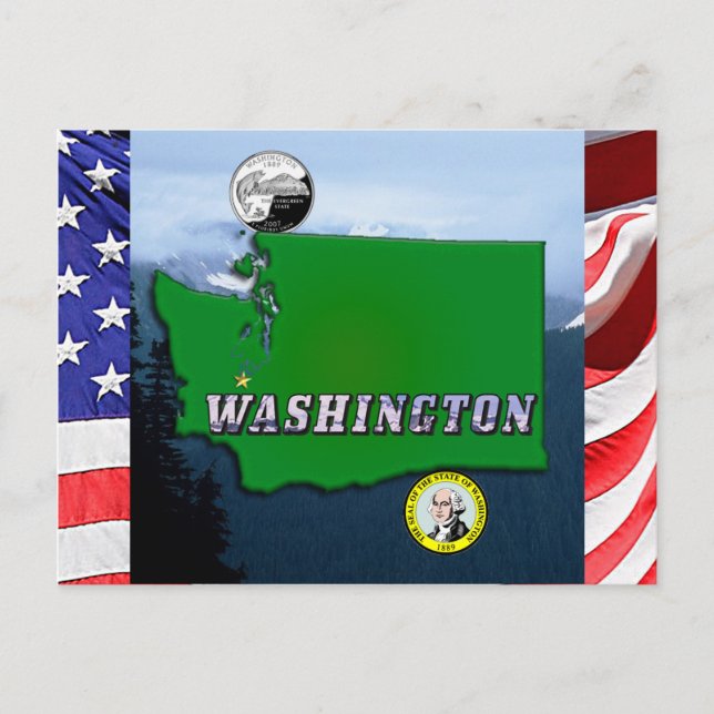 Washington State Map Faux Quarter, Seal, Mountains Postcard (Front)