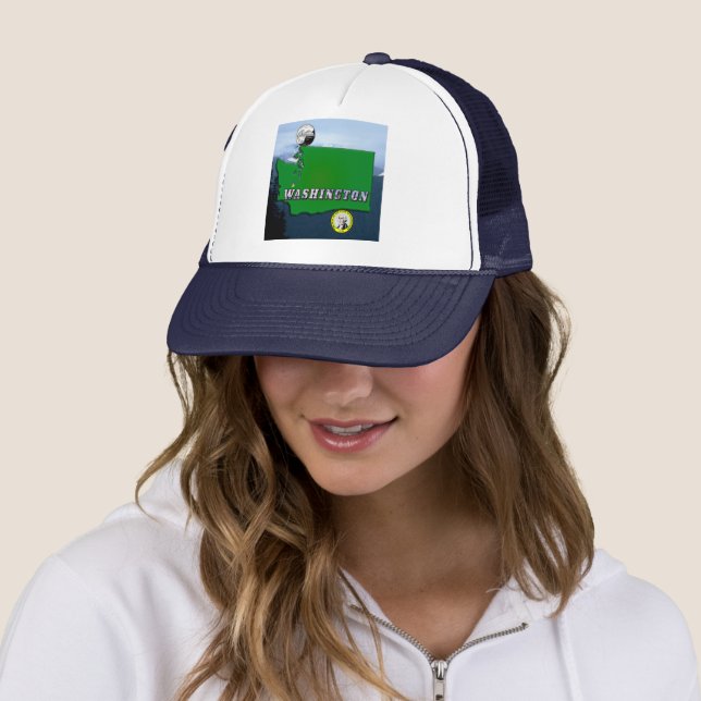 Washington State Map Faux Quarter, Seal, Mountains Trucker Hat (In Situ)