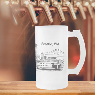 Washington State Seattle Ferry Line Art Frosted Glass Beer Mug