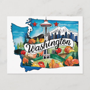 Washington USA State Shaped Vintage Watercolor Postcard