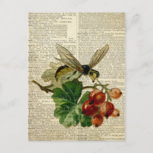 wasp floral art on vintage dictionary page postcard
