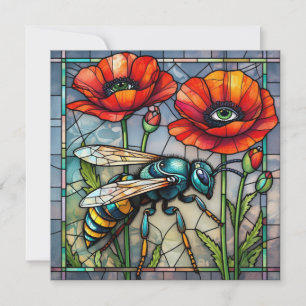 Wasp hornet bee stained glass poppy flower insect  card