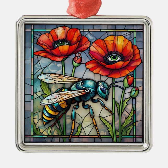 Wasp hornet bee stained glass vibrant poppy flower metal ornament (Front)
