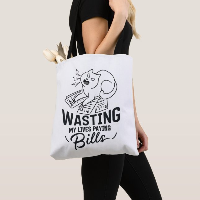 Wasting My Lives Funny Cat Design Tote Bag (Close Up)