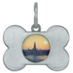 Wat Arun temple Silhouette Thailand Bangkok at sun Pet ID Tag