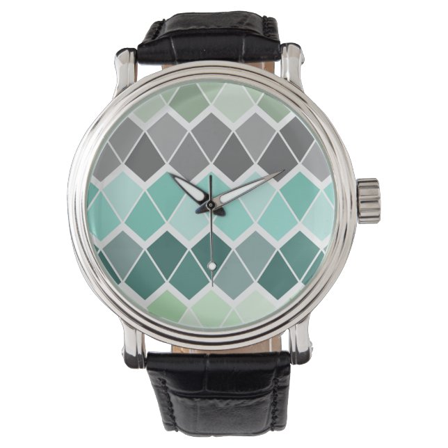 Watch - Blue, Grey Green & White Geometric Pattern (Front)