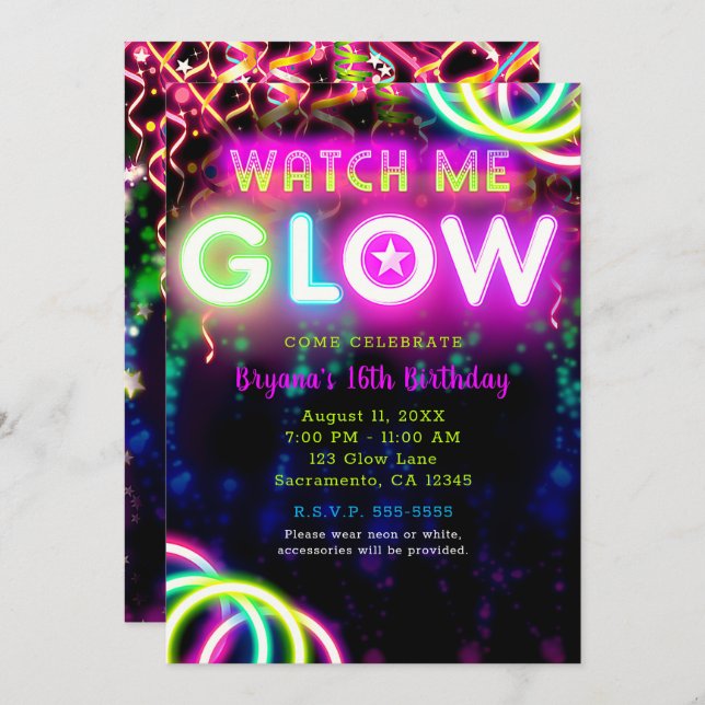 WATCH ME GLOW Neon Birthday Party Invitation (Front/Back)