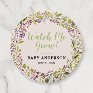 Watch Me Grow Floral Wreath Purple Baby Shower Favour Tags