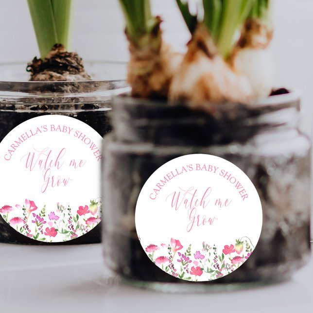 Watch me Grow Pink Wildflower Baby Shower Classic Round Sticker (Watch me Grow baby shower favor stickers from my Pink Wildflower Collection. )