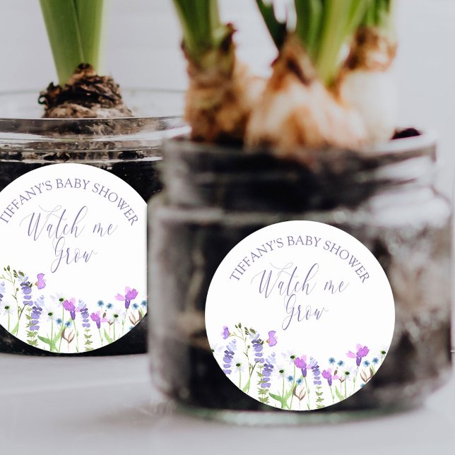 Watch me Grow Purple Wildflower Baby Shower Classic Round Sticker (Watch me Grow baby shower favor sticker from my Purple Wildflower Collection.)