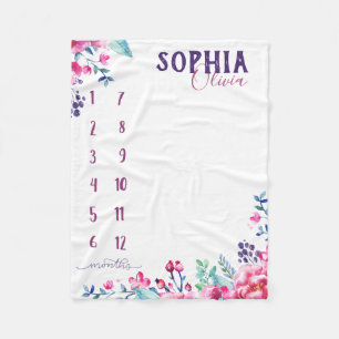 Watch me grow - watercolor flowers purple fleece blanket