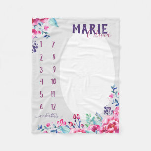 Watch me grow - watercolor pink and purple fleece blanket