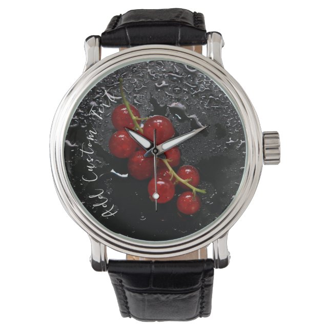 Watch with Red Berry Pattern Black Background (Front)