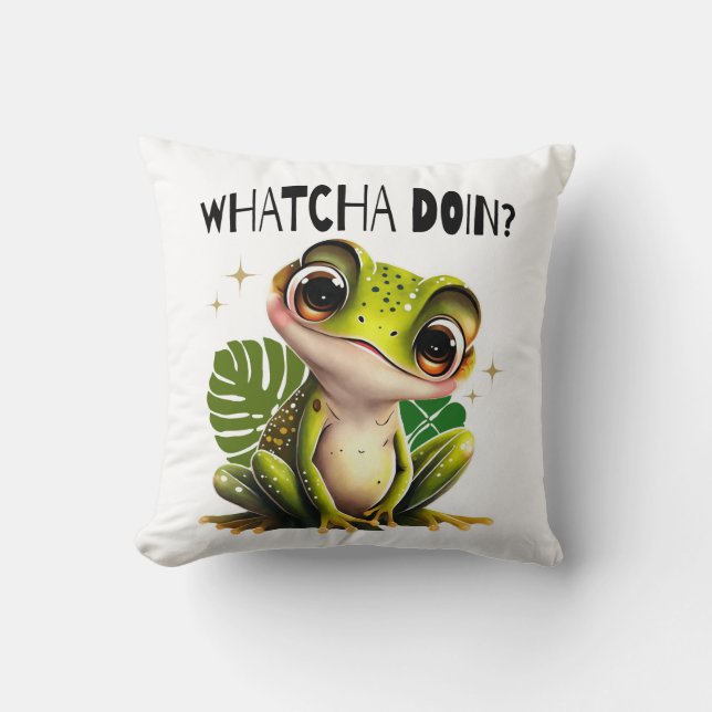 Watcha Doing? Funny Curious Frog Cushion (Front)