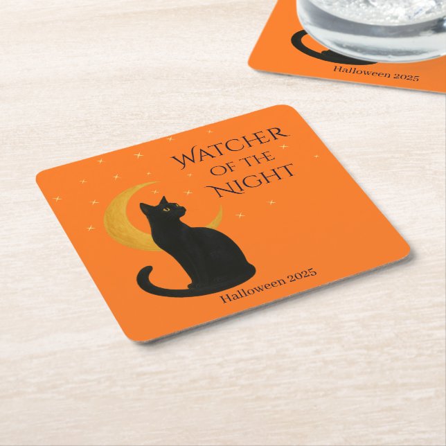 Watcher of the Night – Halloween Black Cat   Square Paper Coaster (Angled)
