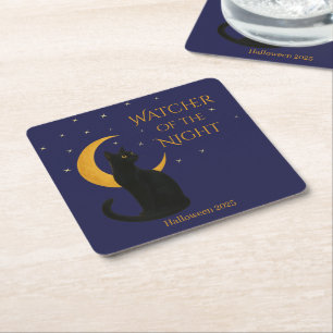 Watcher of the Night – Halloween Black Cat Square Paper Coaster