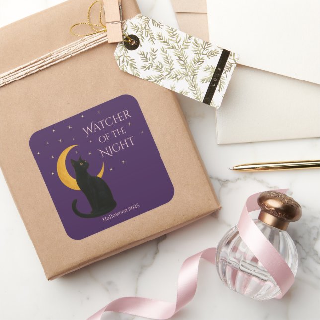 Watcher of the Night – Halloween Black Cat   Square Sticker (Gifting)