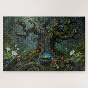 Watchers in Witch Wood Black Cat Cauldron Surreal Jigsaw Puzzle