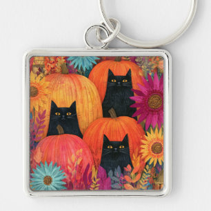 Watchful Black Cat Autumn Pumpkin Patch Key Ring
