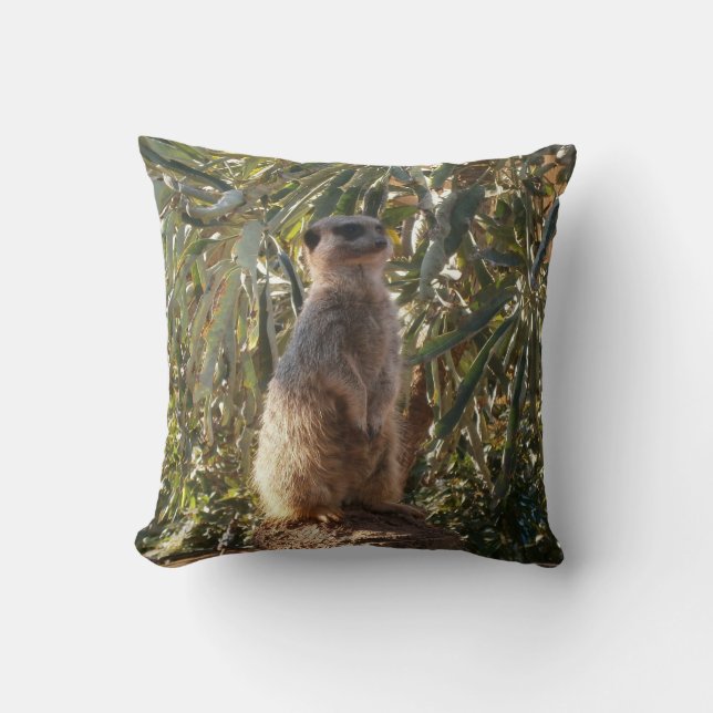 Watchful Sentinel: Meerkat On Lush Green Backdrop Cushion (Front)