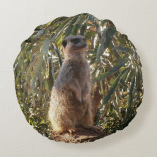 Watchful Sentinel: Meerkat On Lush Green Backdrop Round Cushion