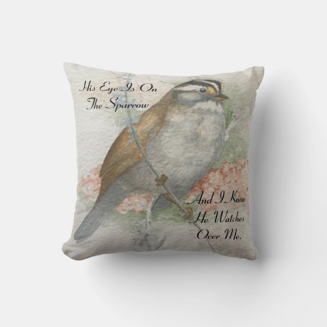 Watchful Sparrow Watercolor Painting Bible Quote Cushion (Front)