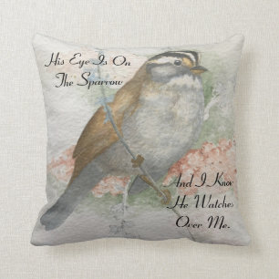 Watchful Sparrow Watercolor Painting Bible Quote Cushion