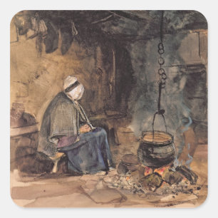 Watching the pot boil - a cottage interior square sticker