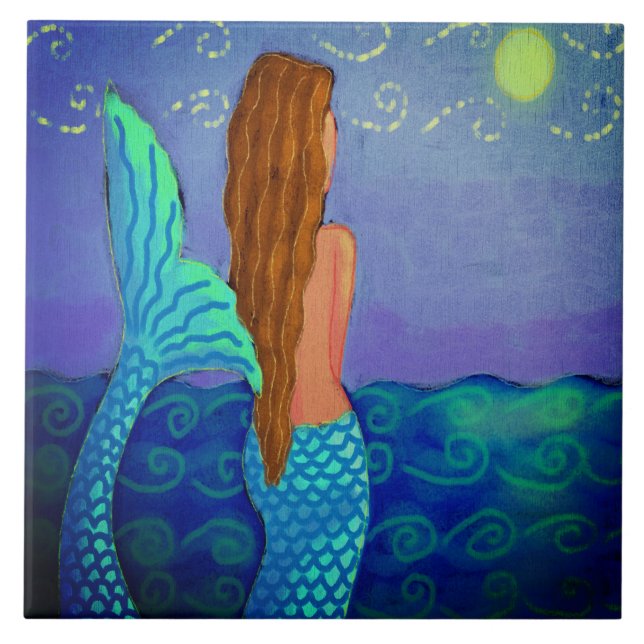 Watching the Sun Abstract Mermaid Painting Ceramic Tile (Front)