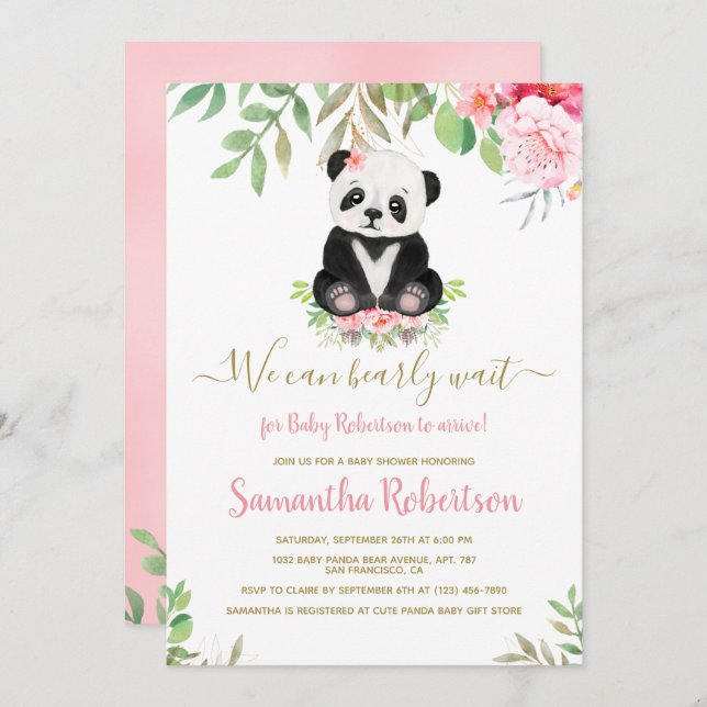 Watecolor Blush Pink Bear Girl Baby Shower Floral Invitation (Front/Back)