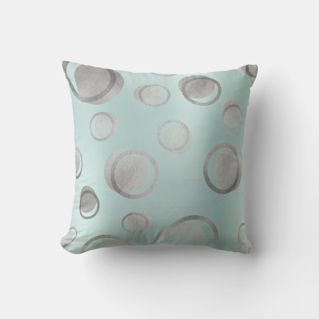 Water Aqua Blue Silver Metallic Circle Dots Gray Cushion (Front)