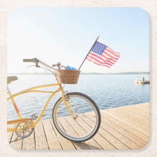 Water   Bicycle By the Lake Square Paper Coaster