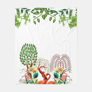 Water Birds Flamingo Couple Tree of Life Greenery Fleece Blanket