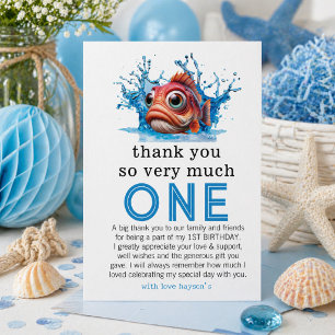 water blue fish 1st birthday thank you card! card