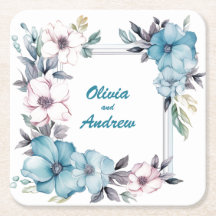 Water Blue Flowers: Personalized Wedding Coaster
