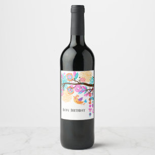 water bottle LABEL - cute bird, tree