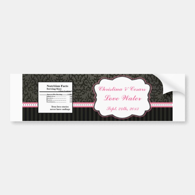 Water Bottle Label Damask/Stripes Pink Crown Black (Front)
