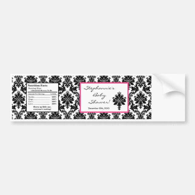 Water Bottle Label Hot Pink Black Damask (Front)