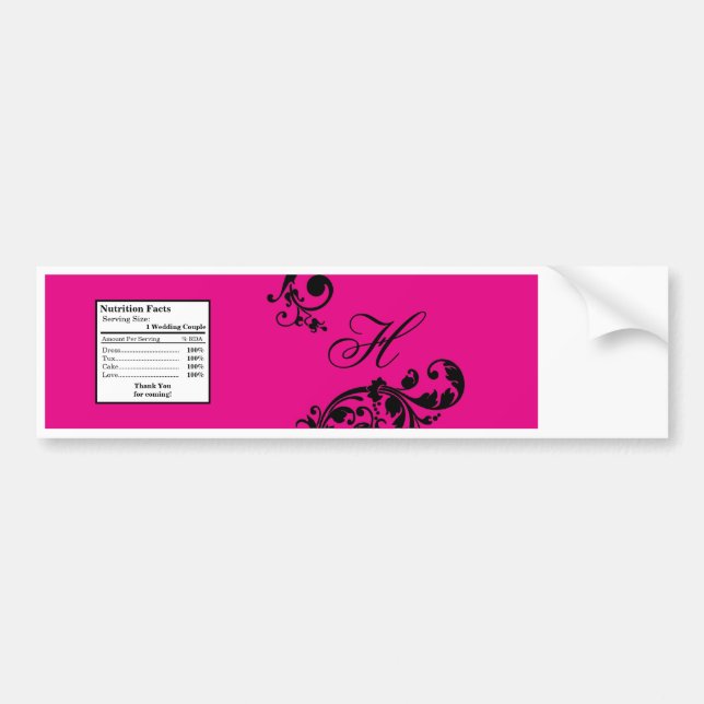 Water Bottle Label Hot Pink Black Floral Filigree (Front)
