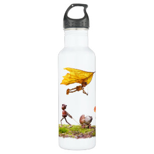 Water bottle with acorn elves in the woods
