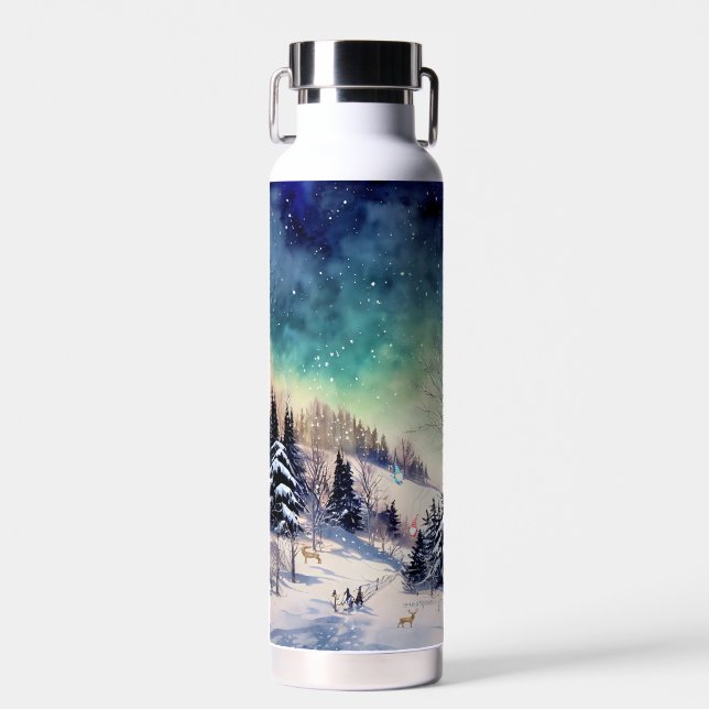 Water Bottle with Winter Scenic Gnomes & Deer (Front)