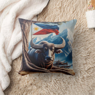 Water Buffalo By Mountains With Philippine Flag Cushion