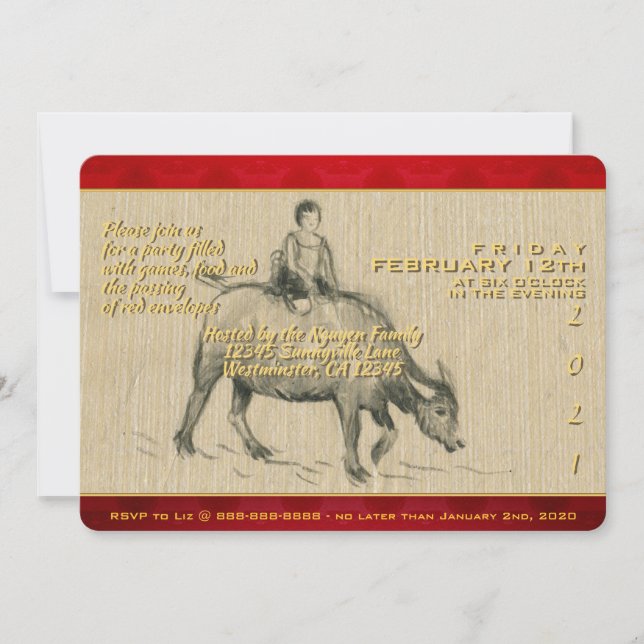 Water Buffalo Child Chinese Ox custom Year Invite (Front)