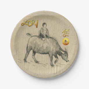 Water Buffalo Child Chinese Ox Year 2021 PP Paper Plate