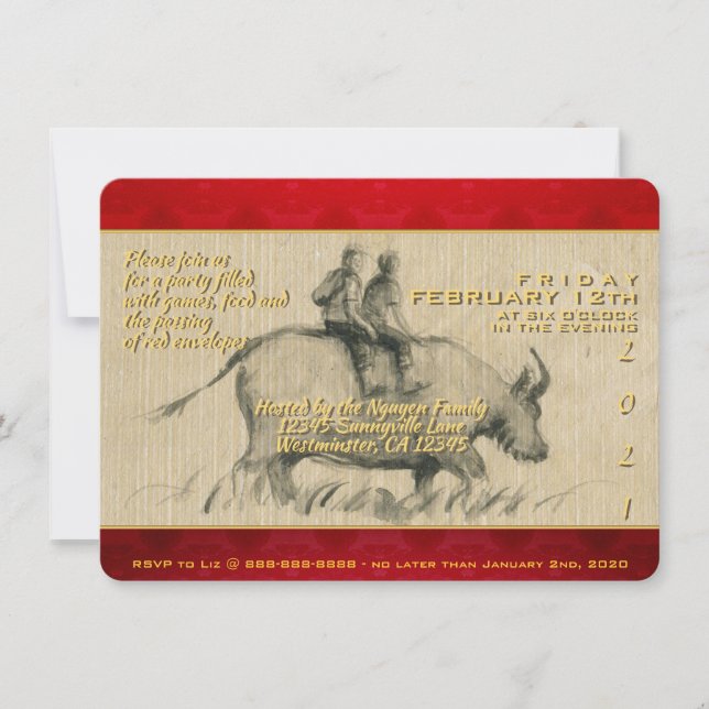 Water Buffalo Children Chinese Ox Year 2021 PhInv Invitation (Front)