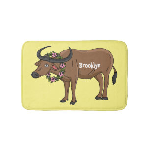 Water buffalo with flowers cartoon illustration bath mat