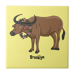 Water buffalo with flowers cartoon illustration ceramic tile