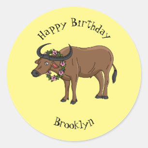 Water buffalo with flowers cartoon illustration classic round sticker